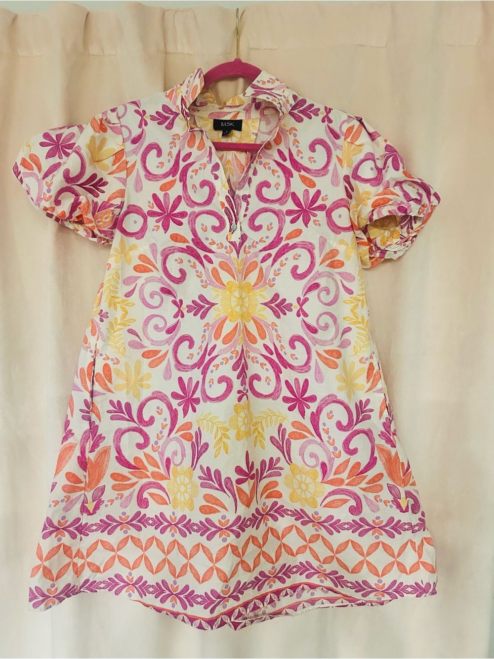 MSK Boho Floral Puff Sleeve Cotton Dress Pockets Anthropologie Farm Rio Vibe